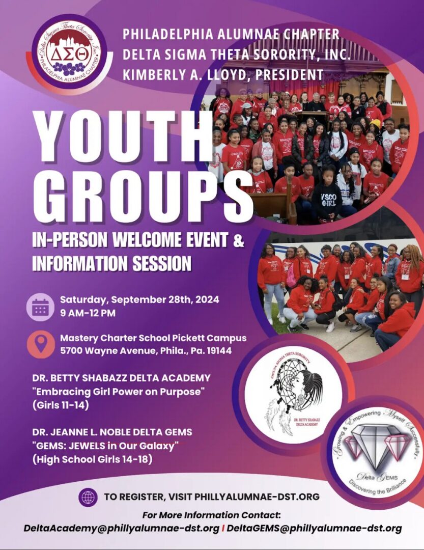 Youth Groups event flyer with welcome and info session details.